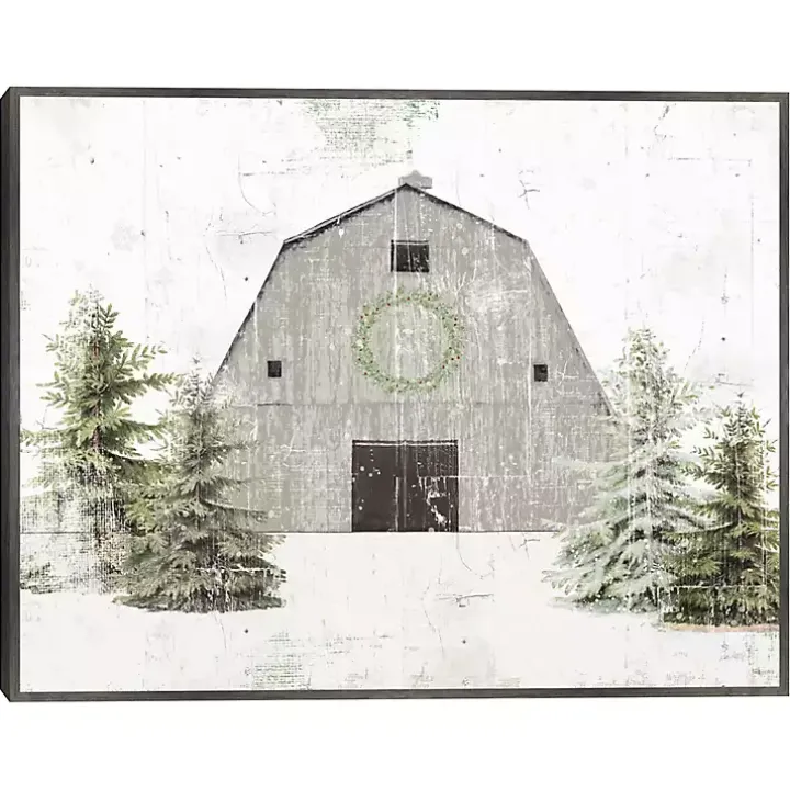 Snowy Gray Barn Christmas Canvas Art Print
