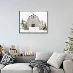 Snowy Gray Barn Christmas Canvas Art Print