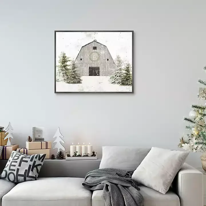 Snowy Gray Barn Christmas Canvas Art Print
