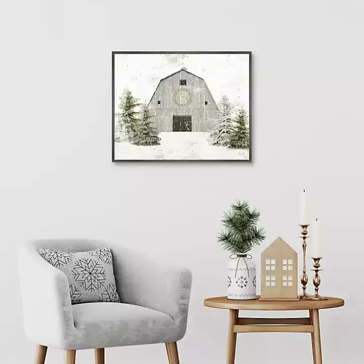 Snowy Gray Barn Christmas Canvas Art Print