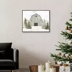 Snowy Gray Barn Christmas Canvas Art Print