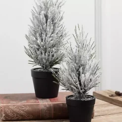 Snowy Potted Mini Pine Trees, Set of 2