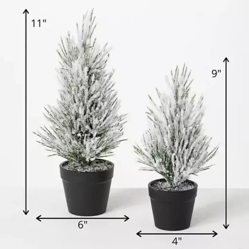 Snowy Potted Mini Pine Trees, Set of 2