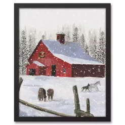 Snowy Stables Black Framed Canvas Art Print