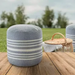 Soft Blue Simple Stripe Outdoor Pouf