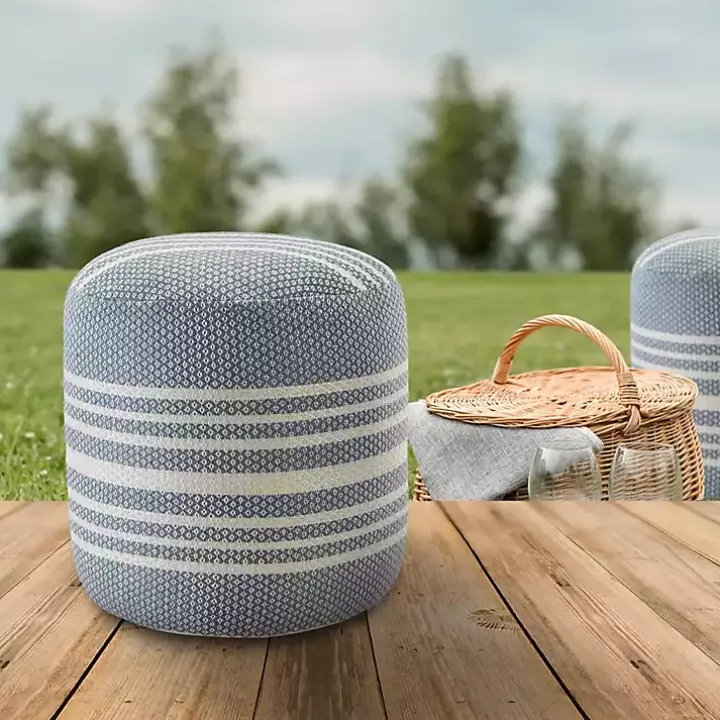 Soft Blue Simple Stripe Outdoor Pouf