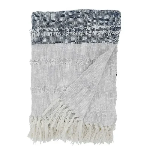 Soft Blue Textured Striped Tassel Throw