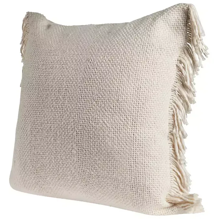 Solid Ivory Accent Pillow with Fringe