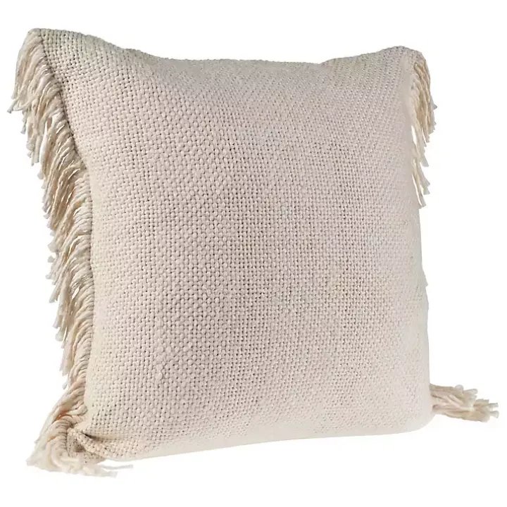 Solid Ivory Accent Pillow with Fringe