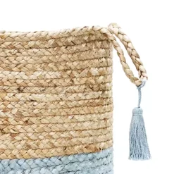 Spa Blue and Tan Woven Basket with Tassel, 17 in.