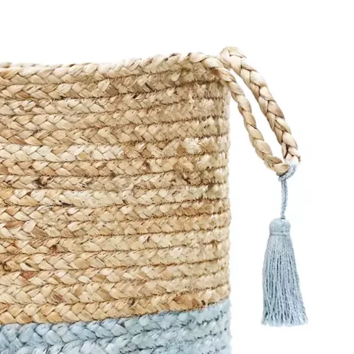 Spa Blue and Tan Woven Basket with Tassel, 17 in.