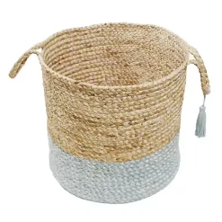 Spa Blue and Tan Woven Basket with Tassel, 17 in.