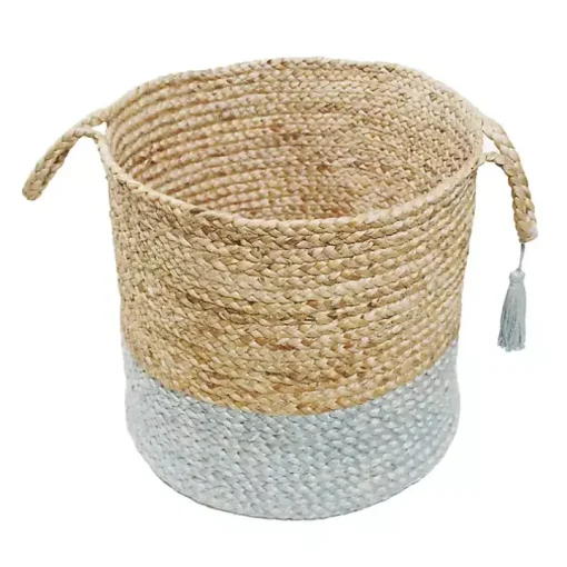 Spa Blue and Tan Woven Basket with Tassel, 17 in.
