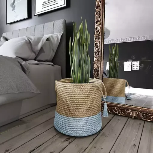 Spa Blue and Tan Woven Basket with Tassel, 17 in.