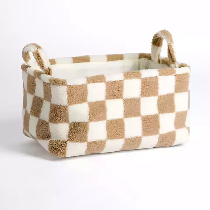 Tan & White Checkered Sherpa Storage Bin