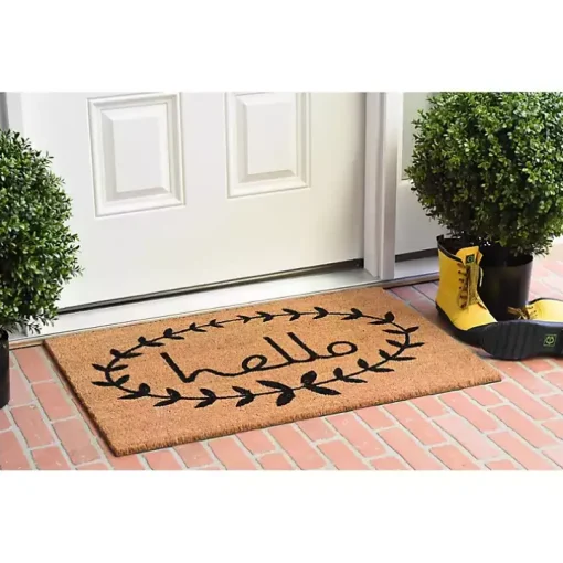 Tan and Black Evergreen Hello Doormat, 36x24 in.