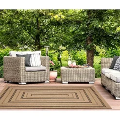 Tan and Black Framed Indoor/Outdoor Area Rug, 5x7