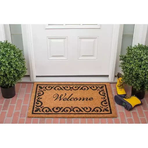 Tan and Black Scroll Welcome Doormat, 36x24 in.