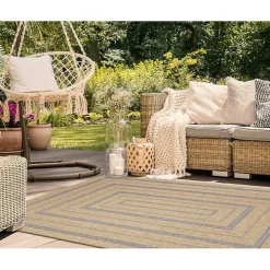 Tan and Navy Framed Indoor/Outdoor Area Rug, 7x9