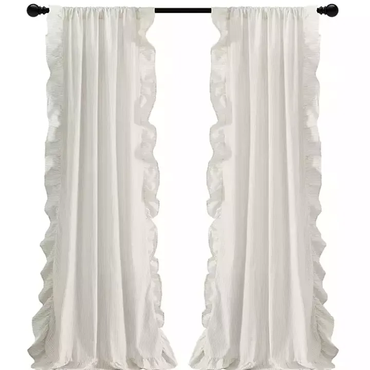 Tan Stripe Ruffled Curtain Panel Set, 84 in.