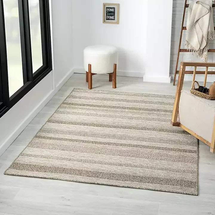 Tan Striped Indoor/Outdoor Area Rug, 5x7
