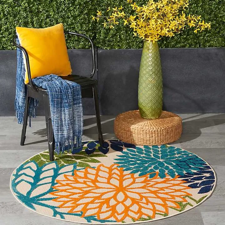 Tangerine Floral Burst Round Outdoor Area Rug