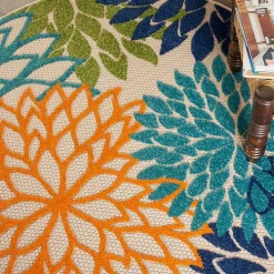 Tangerine Floral Burst Round Outdoor Area Rug