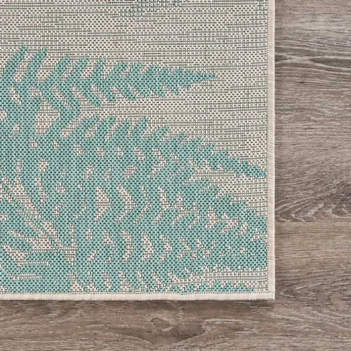 Teal and Tan Falling Ferns Outdoor Area Rug, 5x7