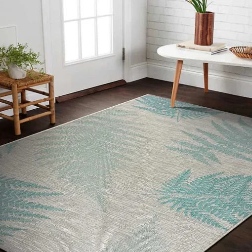 Teal and Tan Falling Ferns Outdoor Area Rug, 5x7