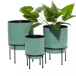 Teal Metal Round Planters with Stands, Set of 3