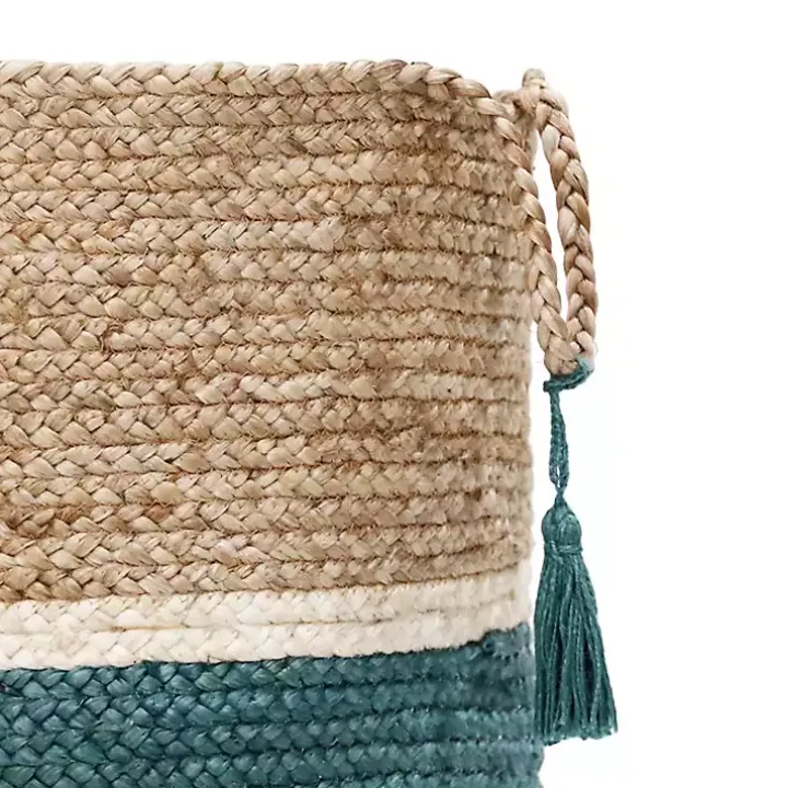 Teal Off White Woven Basket with Tassel, 17 in.