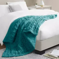 Teal Ruched Faux Fur Throw
