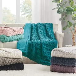 Teal Ruched Faux Fur Throw