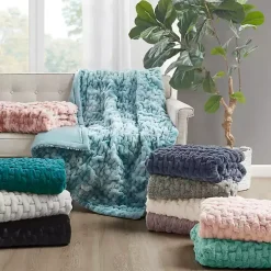 Teal Ruched Faux Fur Throw