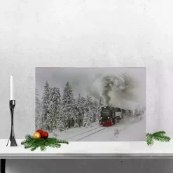 Train in Winter Woods LED Canvas Art Print