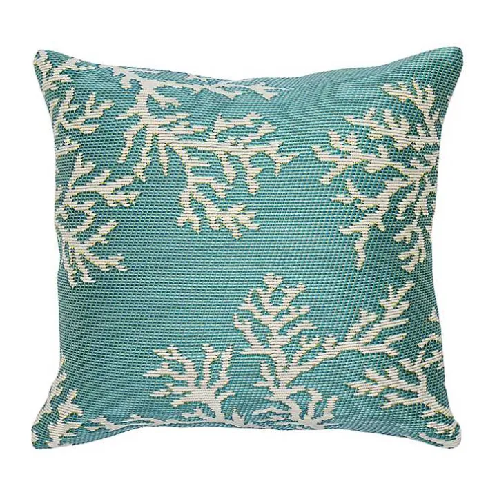 Turquoise Coral Woven Outdoor Throw Pillow