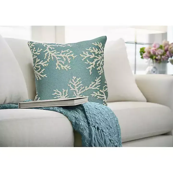 Turquoise Coral Woven Outdoor Throw Pillow