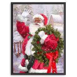 Waving Santa Wreath Framed Canvas Art Print