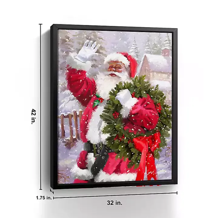 Waving Santa Wreath Framed Canvas Art Print