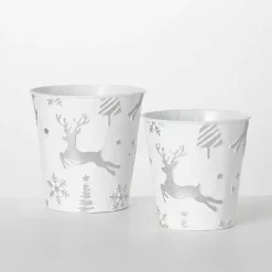 White & Silver Embossed Reindeer Pails, Set of 2