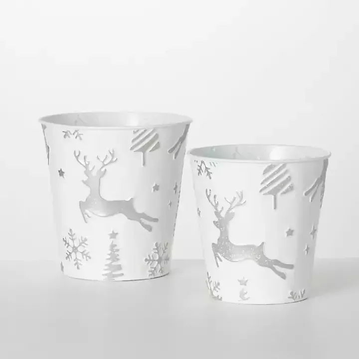 White & Silver Embossed Reindeer Pails, Set of 2
