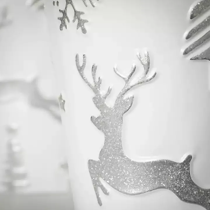 White & Silver Embossed Reindeer Pails, Set of 2