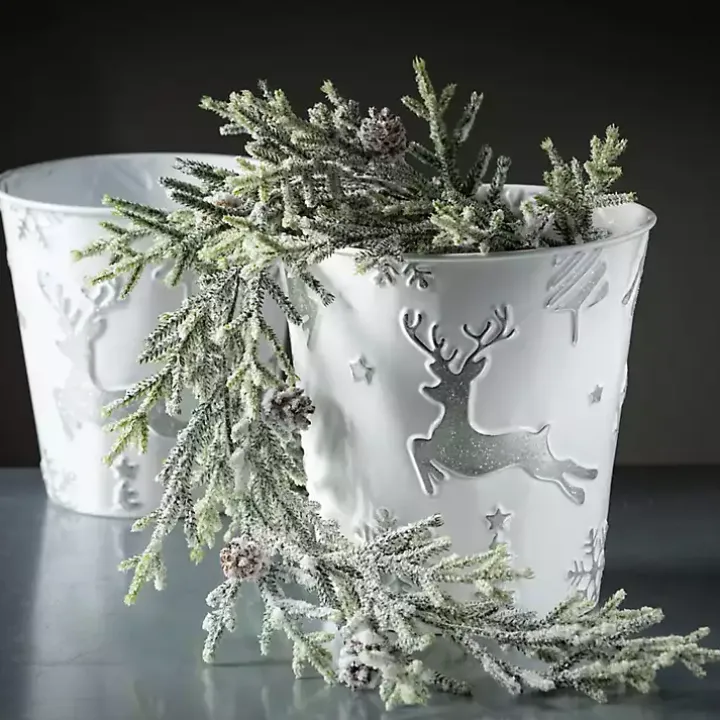 White & Silver Embossed Reindeer Pails, Set of 2