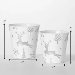 White & Silver Embossed Reindeer Pails, Set of 2