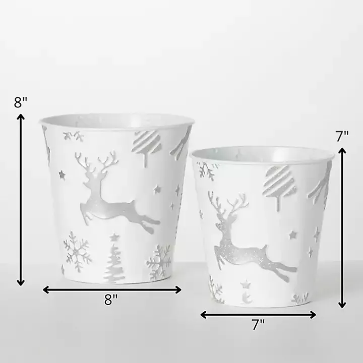 White & Silver Embossed Reindeer Pails, Set of 2
