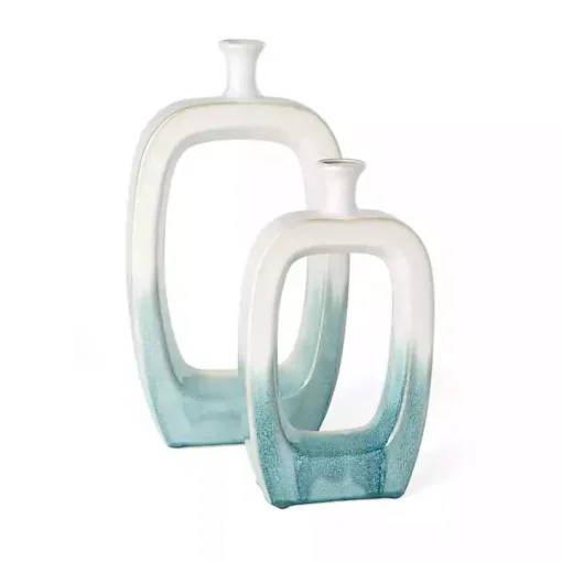 White & Turquoise Ceramic Cut-Out Vase, 18 in.