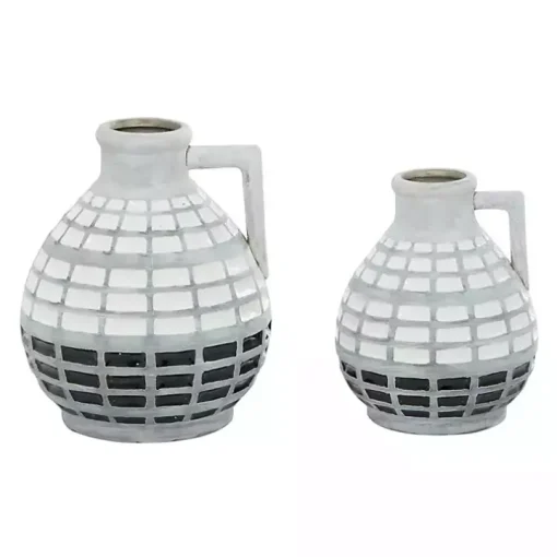White and Black Checkered Ceramic Vases, Set of 2
