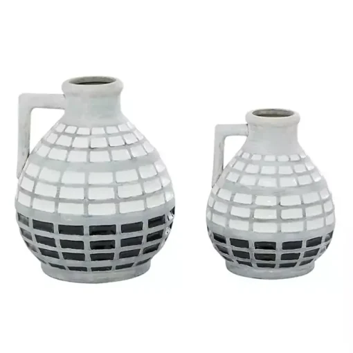 White and Black Checkered Ceramic Vases, Set of 2