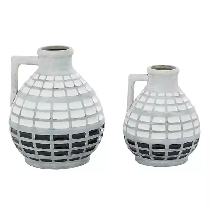 White and Black Checkered Ceramic Vases, Set of 2
