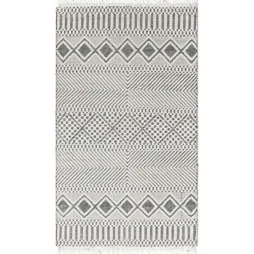 White and Black Diamond Tassel Wool Area Rug, 5x7